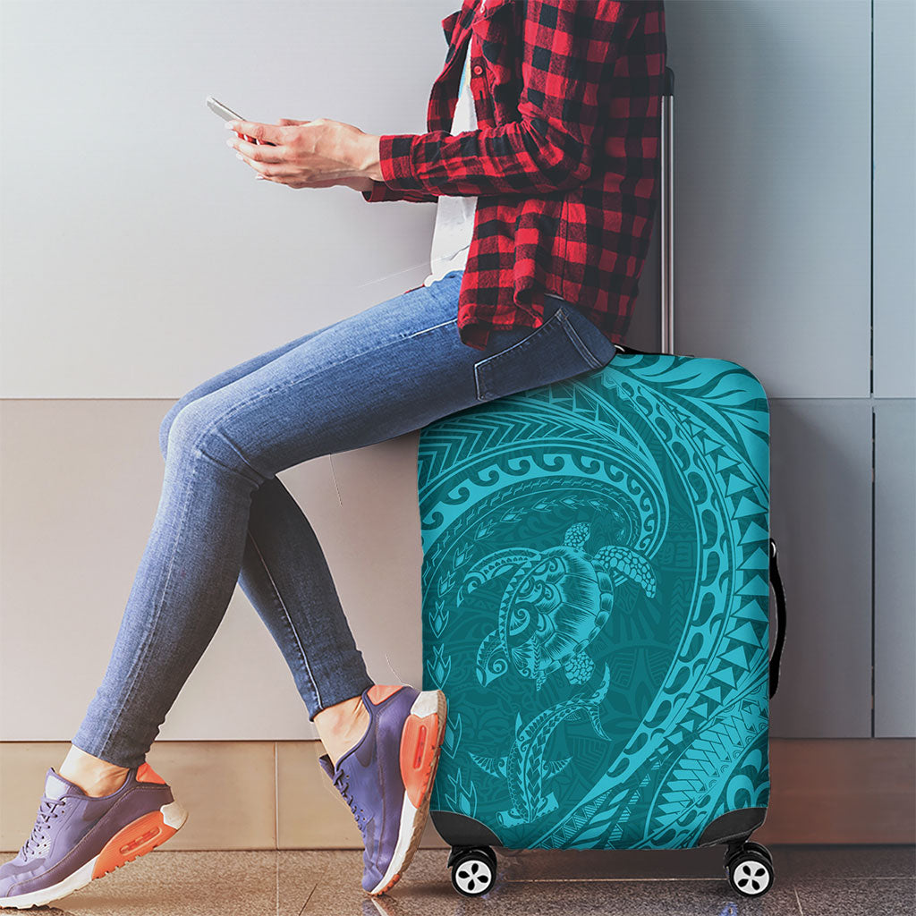 Hawaiian Turtle and Shark Luggage Cover Kakau Tribal with Polynesian Pattern Turquoise Color