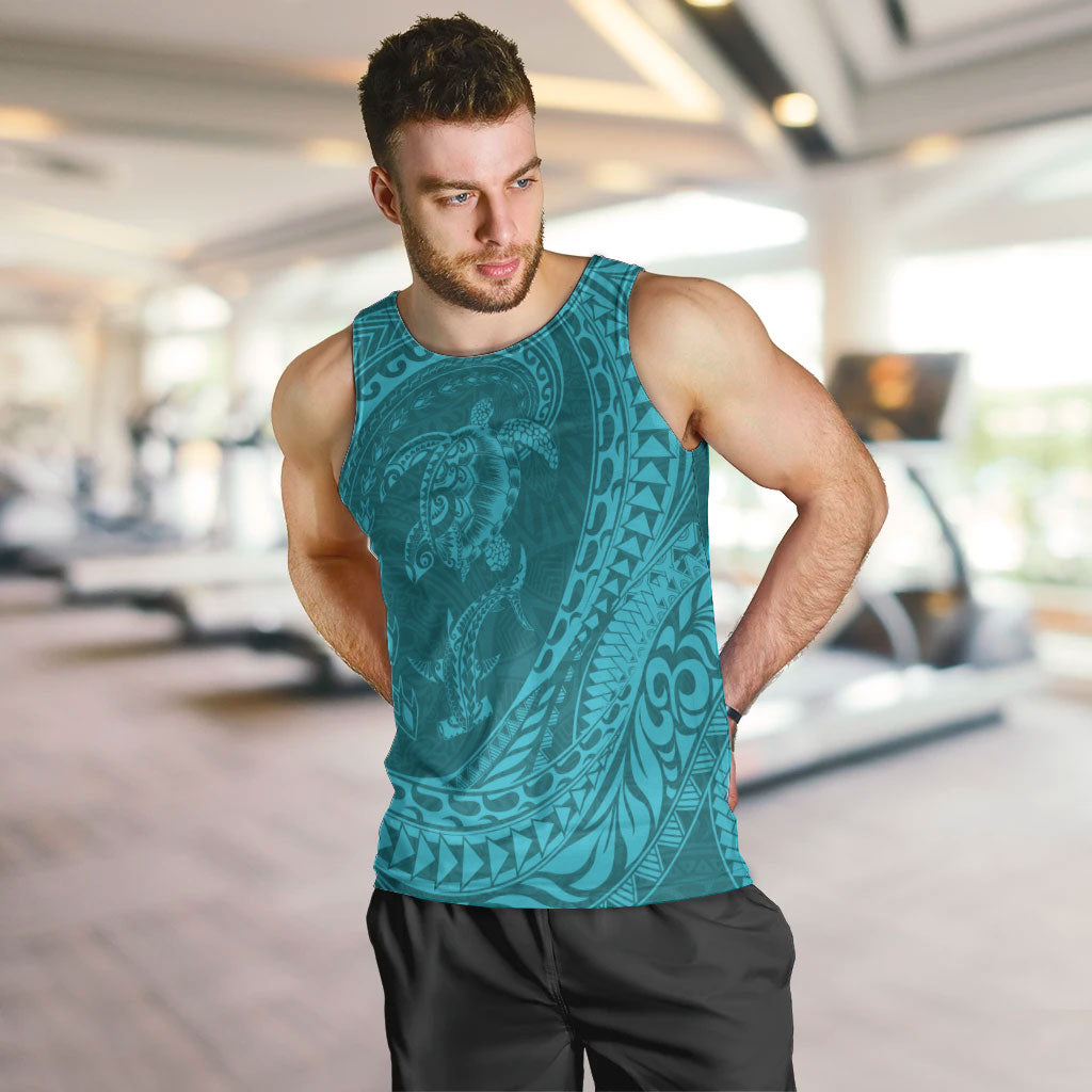 Hawaiian Turtle and Shark Men Tank Top Kakau Tribal with Polynesian Pattern Turquoise Color