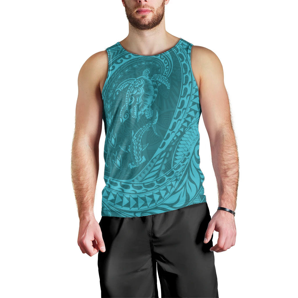 Hawaiian Turtle and Shark Men Tank Top Kakau Tribal with Polynesian Pattern Turquoise Color