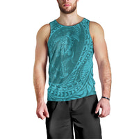Hawaiian Turtle and Shark Men Tank Top Kakau Tribal with Polynesian Pattern Turquoise Color