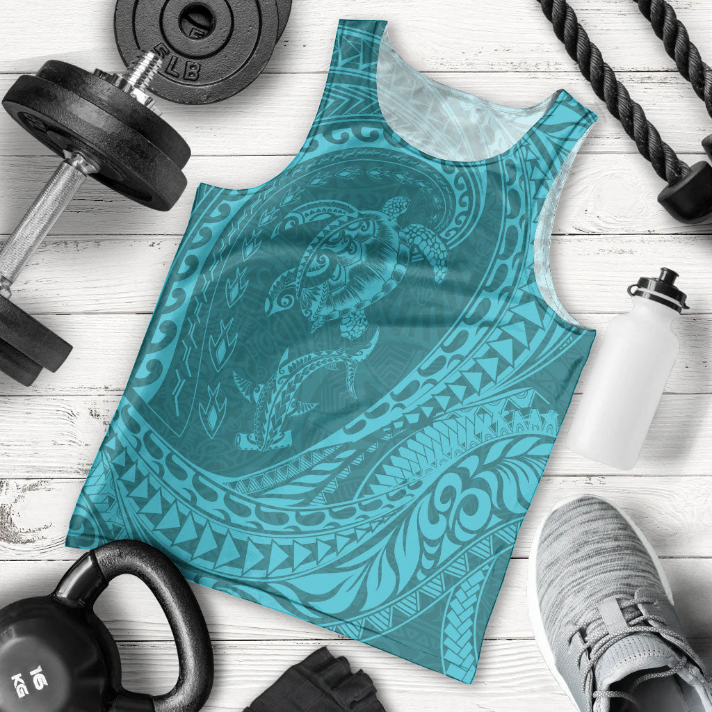 Hawaiian Turtle and Shark Men Tank Top Kakau Tribal with Polynesian Pattern Turquoise Color