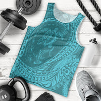 Hawaiian Turtle and Shark Men Tank Top Kakau Tribal with Polynesian Pattern Turquoise Color