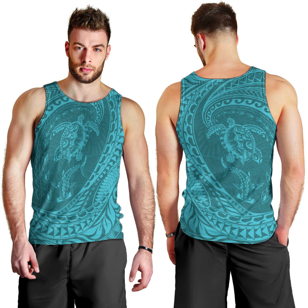 Hawaiian Turtle and Shark Men Tank Top Kakau Tribal with Polynesian Pattern Turquoise Color