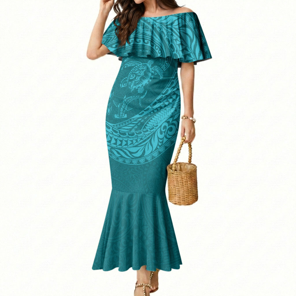 Hawaiian Turtle and Shark Mermaid Dress Kakau Tribal with Polynesian Pattern Turquoise Color