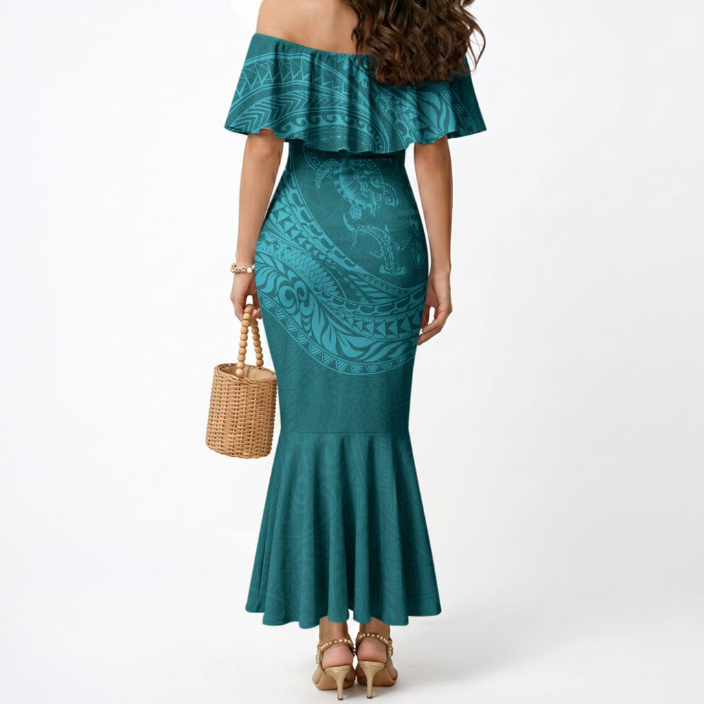 Hawaiian Turtle and Shark Mermaid Dress Kakau Tribal with Polynesian Pattern Turquoise Color