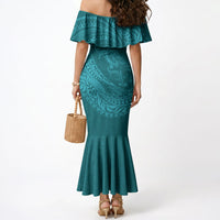 Hawaiian Turtle and Shark Mermaid Dress Kakau Tribal with Polynesian Pattern Turquoise Color