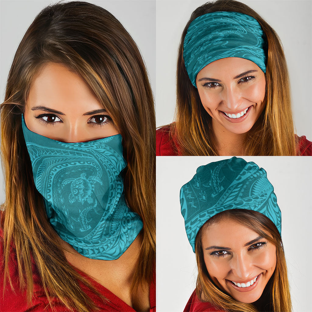 Hawaiian Turtle and Shark Neck Gaiter Kakau Tribal with Polynesian Pattern Turquoise Color