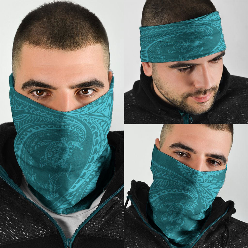 Hawaiian Turtle and Shark Neck Gaiter Kakau Tribal with Polynesian Pattern Turquoise Color