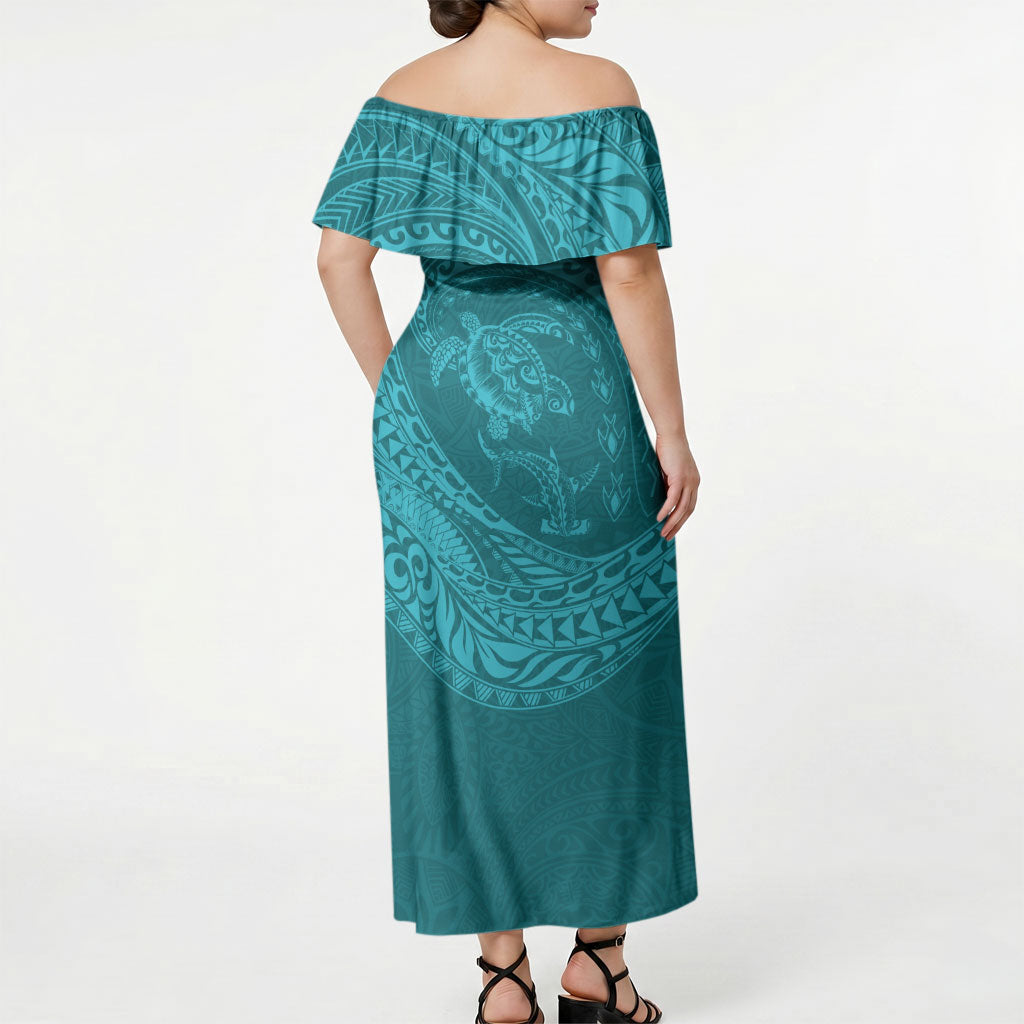 Hawaiian Turtle and Shark Off Shoulder Maxi Dress Kakau Tribal with Polynesian Pattern Turquoise Color