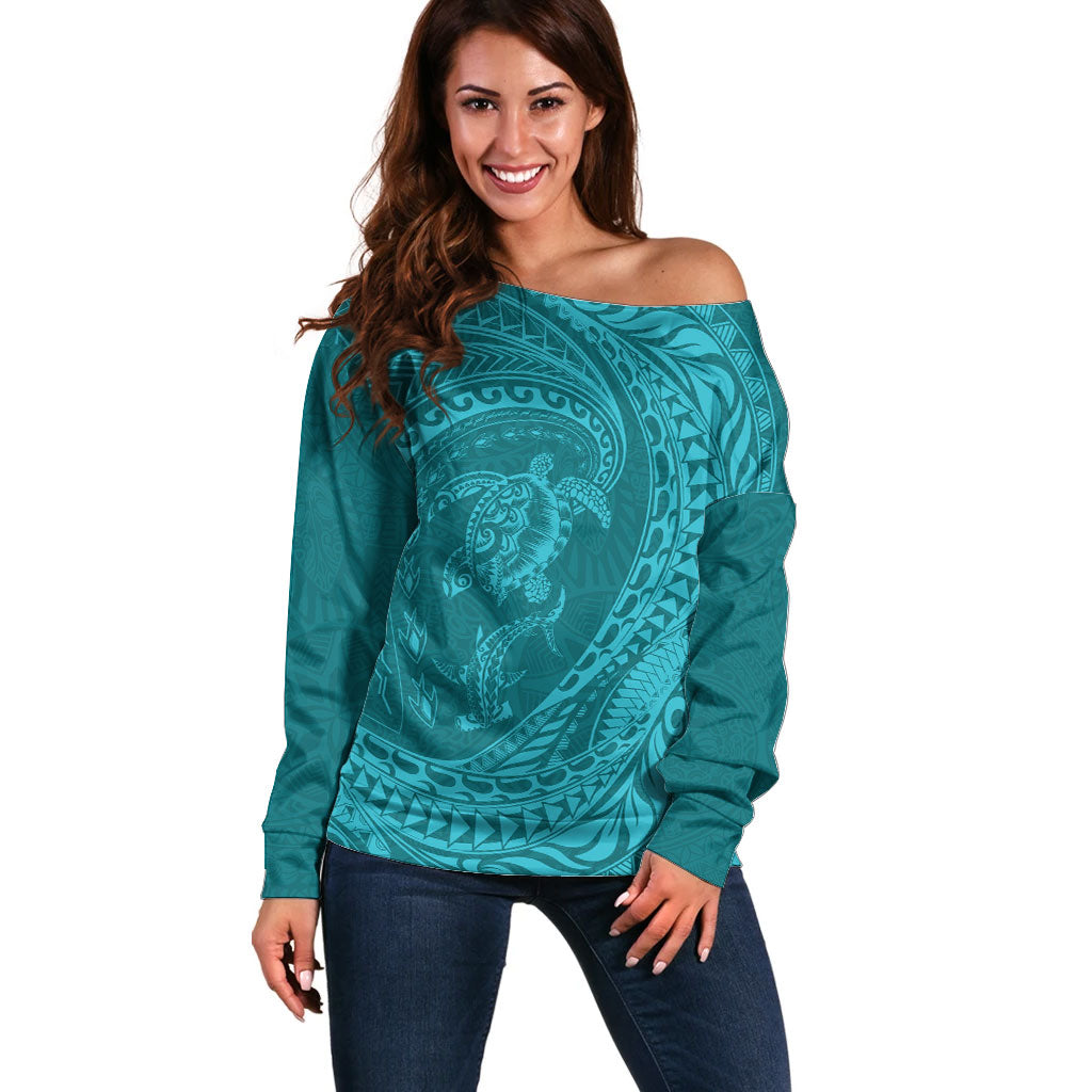 Hawaiian Turtle and Shark Off Shoulder Sweater Kakau Tribal with Polynesian Pattern Turquoise Color