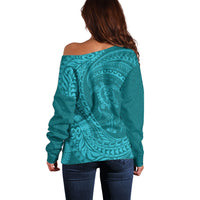 Hawaiian Turtle and Shark Off Shoulder Sweater Kakau Tribal with Polynesian Pattern Turquoise Color