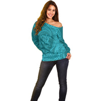 Hawaiian Turtle and Shark Off Shoulder Sweater Kakau Tribal with Polynesian Pattern Turquoise Color