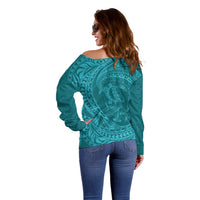 Hawaiian Turtle and Shark Off Shoulder Sweater Kakau Tribal with Polynesian Pattern Turquoise Color