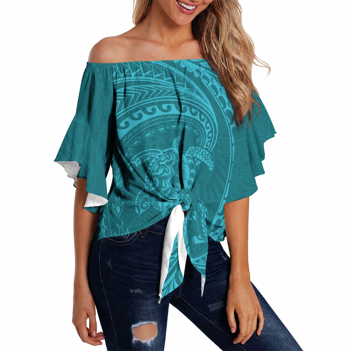 Hawaiian Turtle and Shark Off Shoulder Wrap Waist Top Kakau Tribal with Polynesian Pattern Turquoise Color