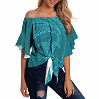 Hawaiian Turtle and Shark Off Shoulder Wrap Waist Top Kakau Tribal with Polynesian Pattern Turquoise Color