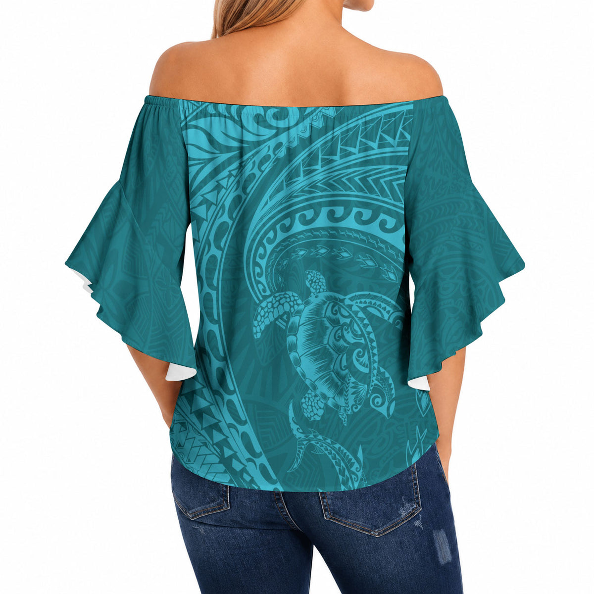 Hawaiian Turtle and Shark Off Shoulder Wrap Waist Top Kakau Tribal with Polynesian Pattern Turquoise Color
