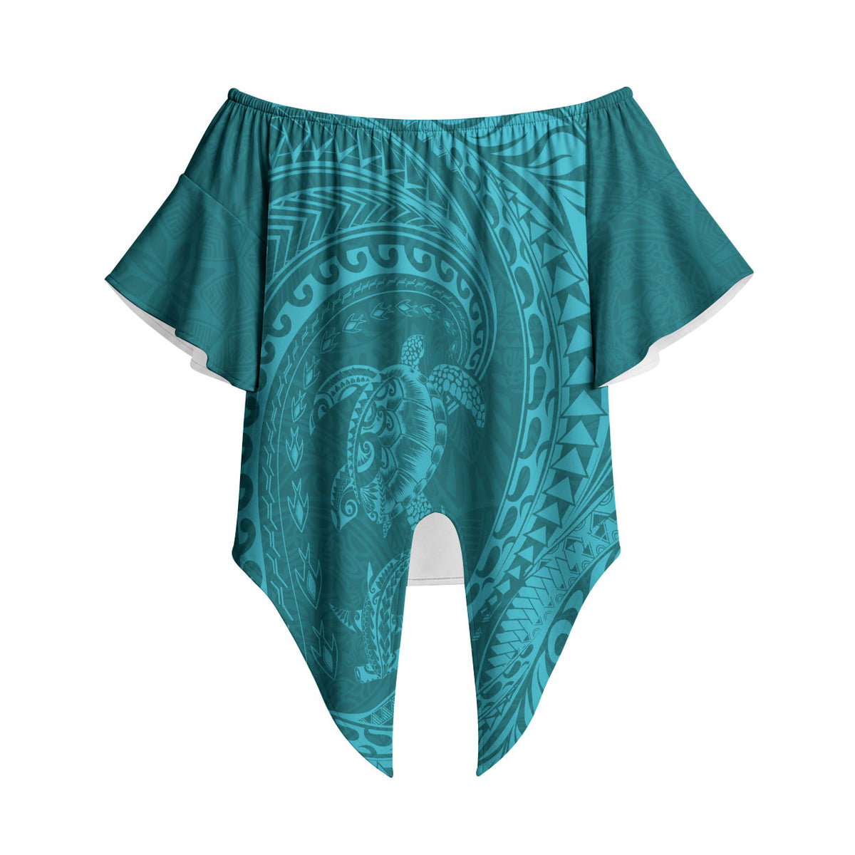 Hawaiian Turtle and Shark Off Shoulder Wrap Waist Top Kakau Tribal with Polynesian Pattern Turquoise Color