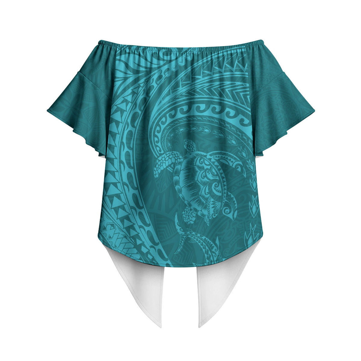 Hawaiian Turtle and Shark Off Shoulder Wrap Waist Top Kakau Tribal with Polynesian Pattern Turquoise Color