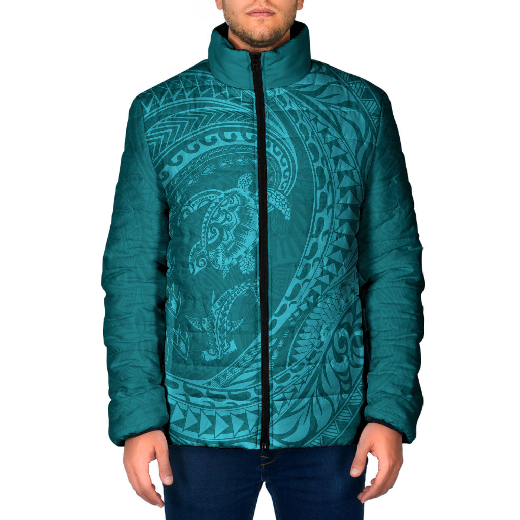 Hawaiian Turtle and Shark Padded Jacket Kakau Tribal with Polynesian Pattern Turquoise Color