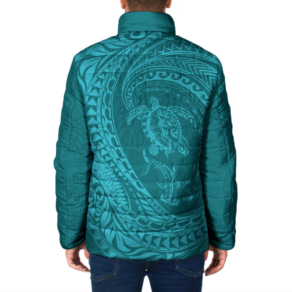Hawaiian Turtle and Shark Padded Jacket Kakau Tribal with Polynesian Pattern Turquoise Color