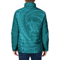 Hawaiian Turtle and Shark Padded Jacket Kakau Tribal with Polynesian Pattern Turquoise Color