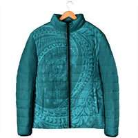 Hawaiian Turtle and Shark Padded Jacket Kakau Tribal with Polynesian Pattern Turquoise Color