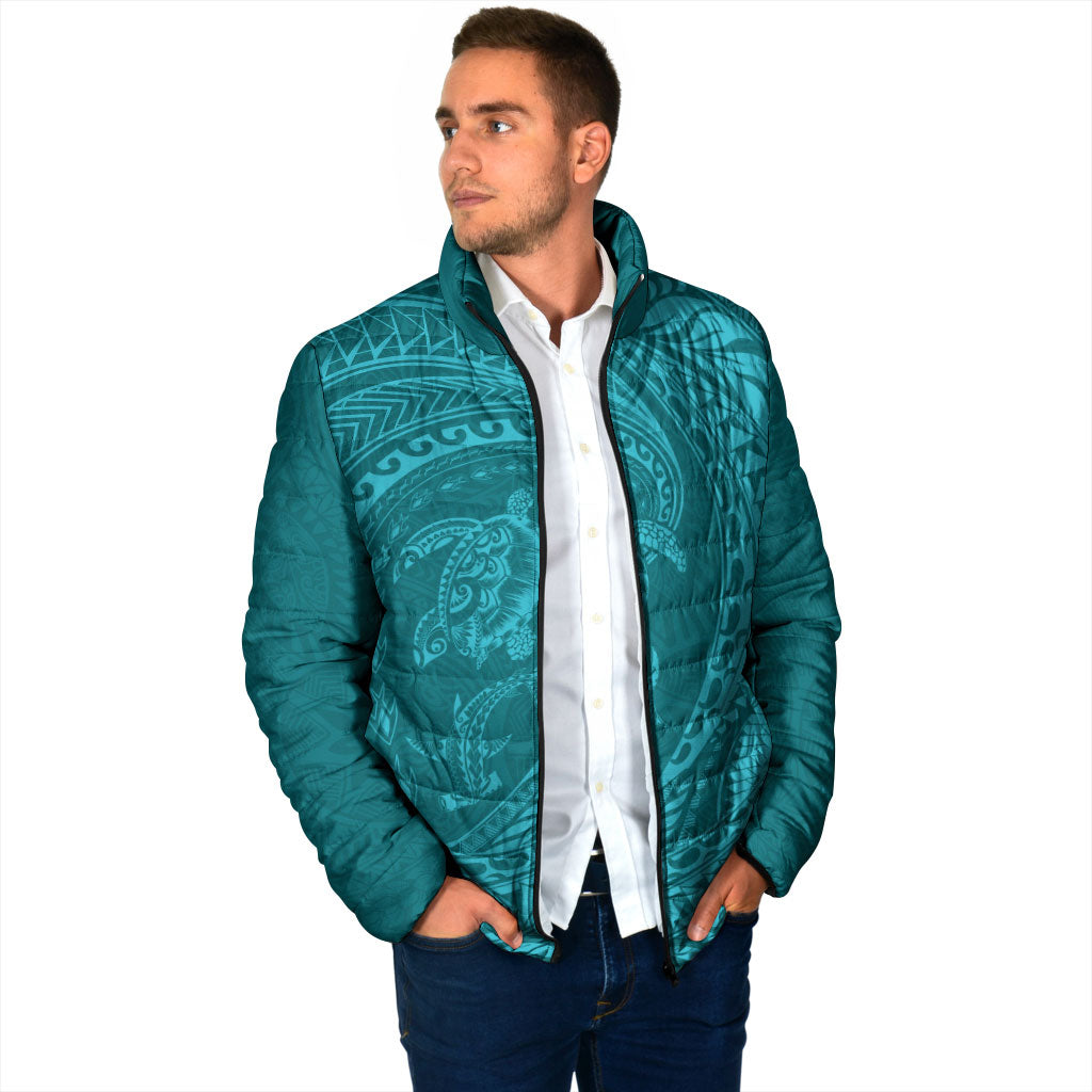 Hawaiian Turtle and Shark Padded Jacket Kakau Tribal with Polynesian Pattern Turquoise Color
