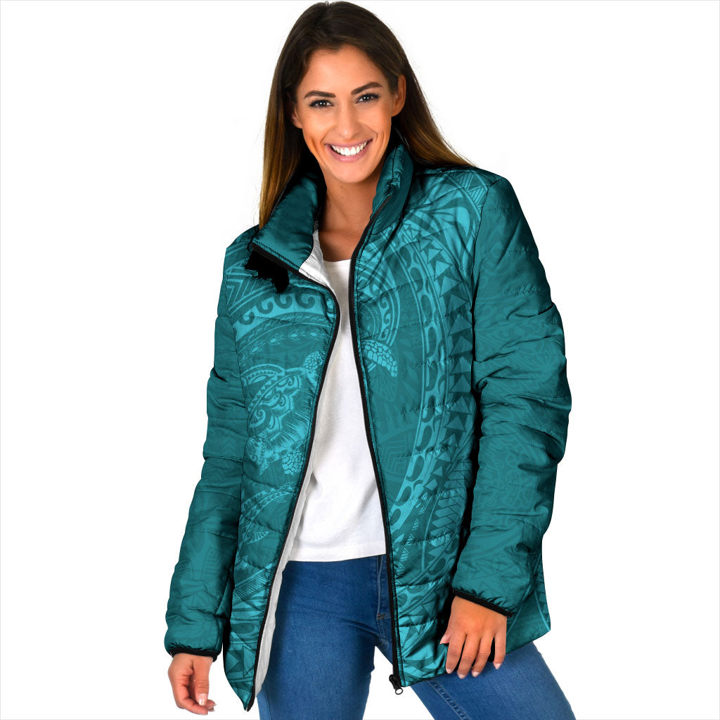 Hawaiian Turtle and Shark Padded Jacket Kakau Tribal with Polynesian Pattern Turquoise Color