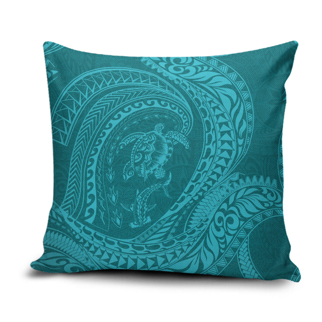 Hawaiian Turtle and Shark Pillow Cover Kakau Tribal with Polynesian Pattern Turquoise Color