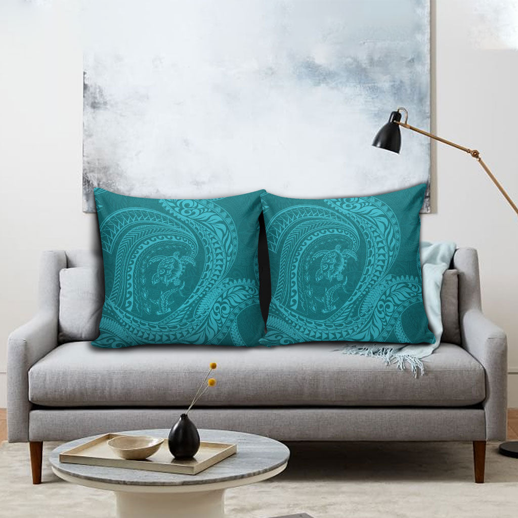 Hawaiian Turtle and Shark Pillow Cover Kakau Tribal with Polynesian Pattern Turquoise Color