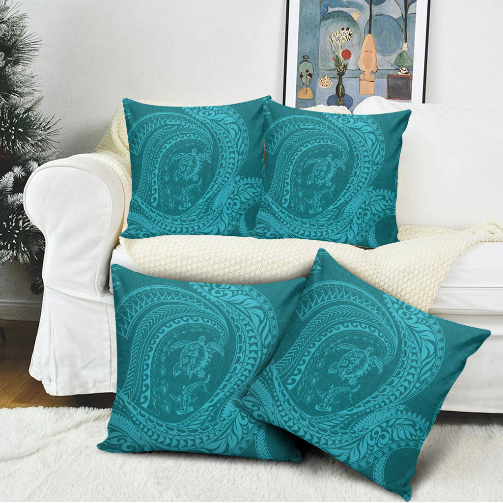 Hawaiian Turtle and Shark Pillow Cover Kakau Tribal with Polynesian Pattern Turquoise Color