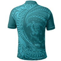 Hawaiian Turtle and Shark Polo Shirt Kakau Tribal with Polynesian Pattern Turquoise Color