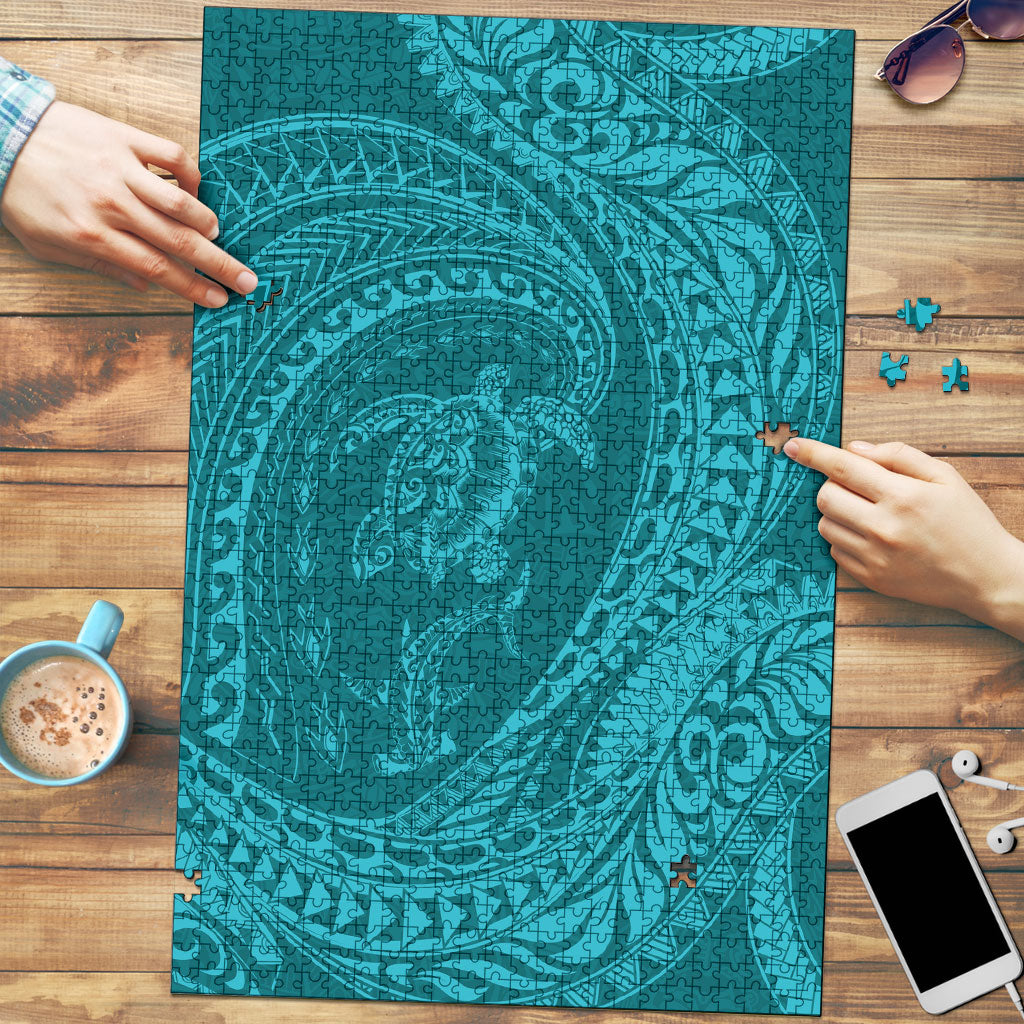 Hawaiian Turtle and Shark Puzzle Kakau Tribal with Polynesian Pattern Turquoise Color
