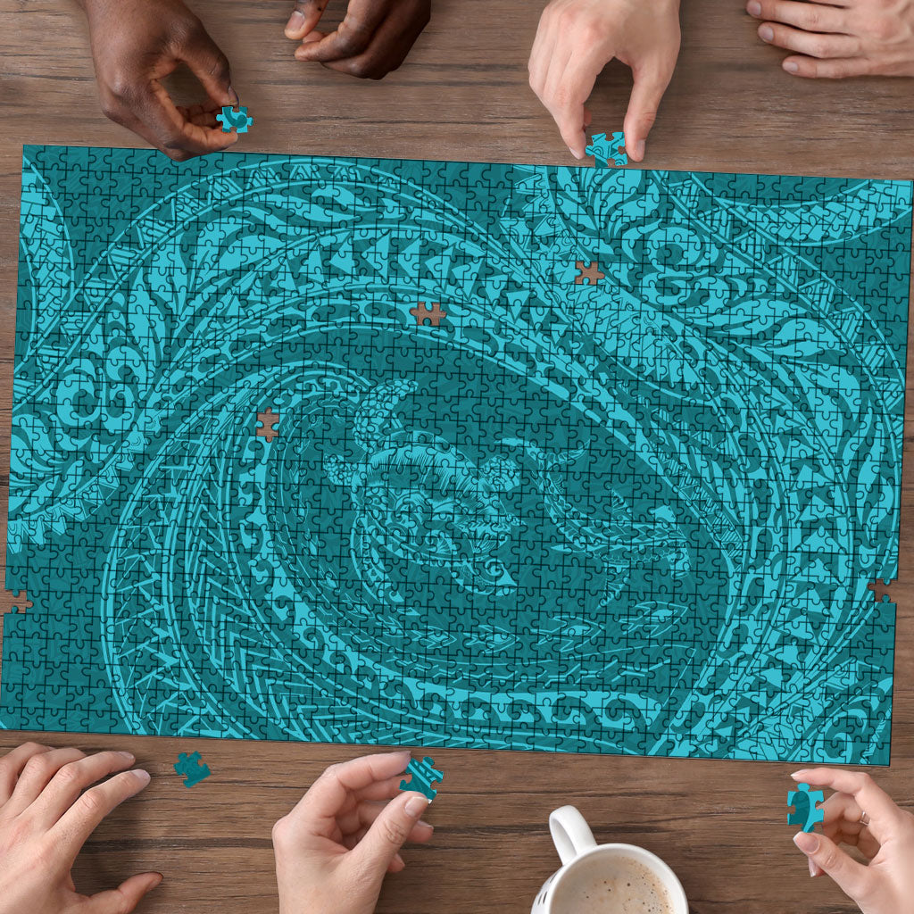 Hawaiian Turtle and Shark Puzzle Kakau Tribal with Polynesian Pattern Turquoise Color