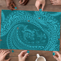 Hawaiian Turtle and Shark Puzzle Kakau Tribal with Polynesian Pattern Turquoise Color