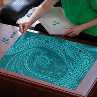 Hawaiian Turtle and Shark Puzzle Kakau Tribal with Polynesian Pattern Turquoise Color