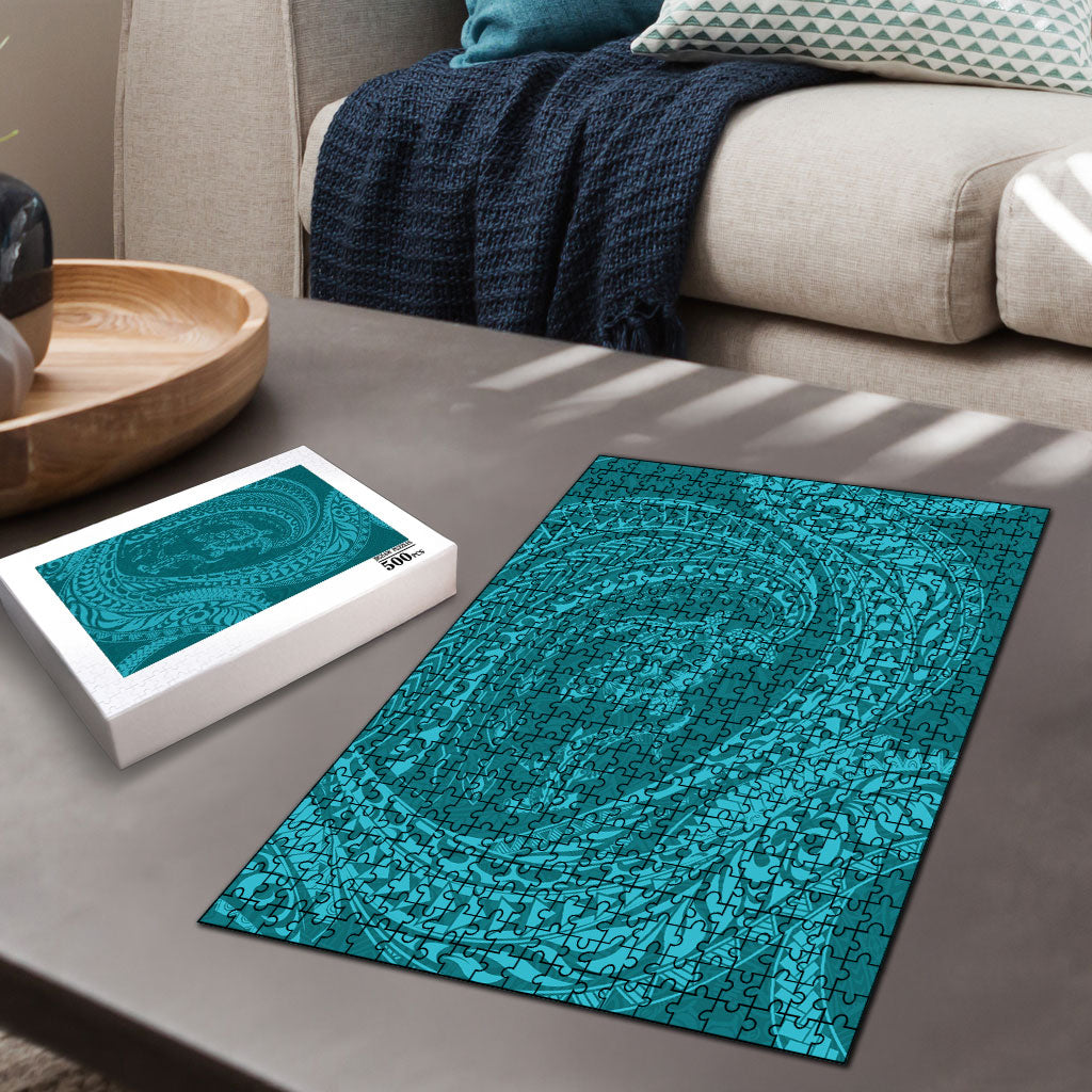 Hawaiian Turtle and Shark Puzzle Kakau Tribal with Polynesian Pattern Turquoise Color