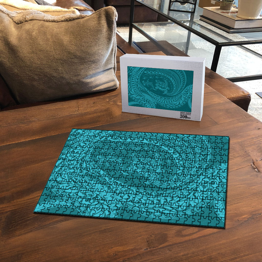Hawaiian Turtle and Shark Puzzle Kakau Tribal with Polynesian Pattern Turquoise Color