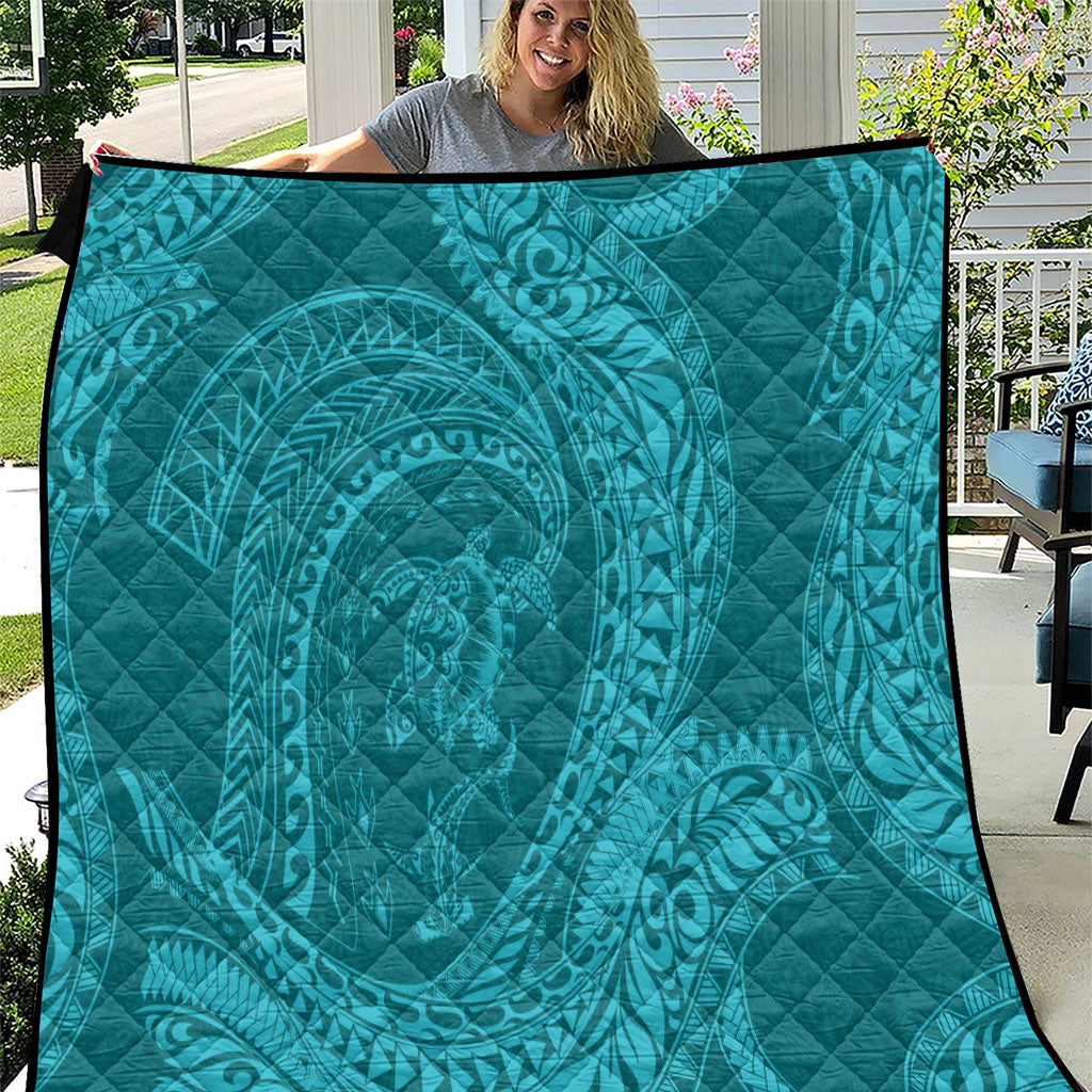 Hawaiian Turtle and Shark Quilt Kakau Tribal with Polynesian Pattern Turquoise Color