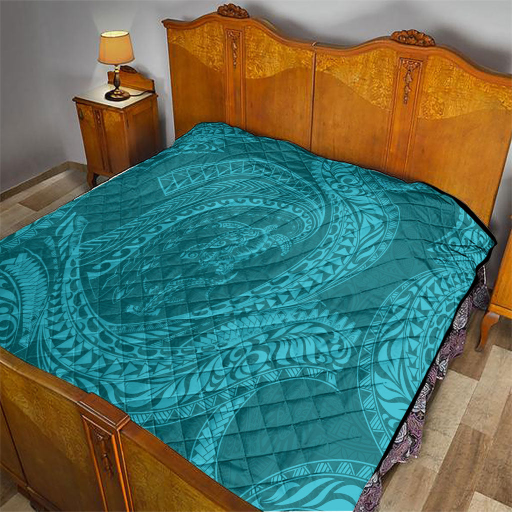 Hawaiian Turtle and Shark Quilt Kakau Tribal with Polynesian Pattern Turquoise Color