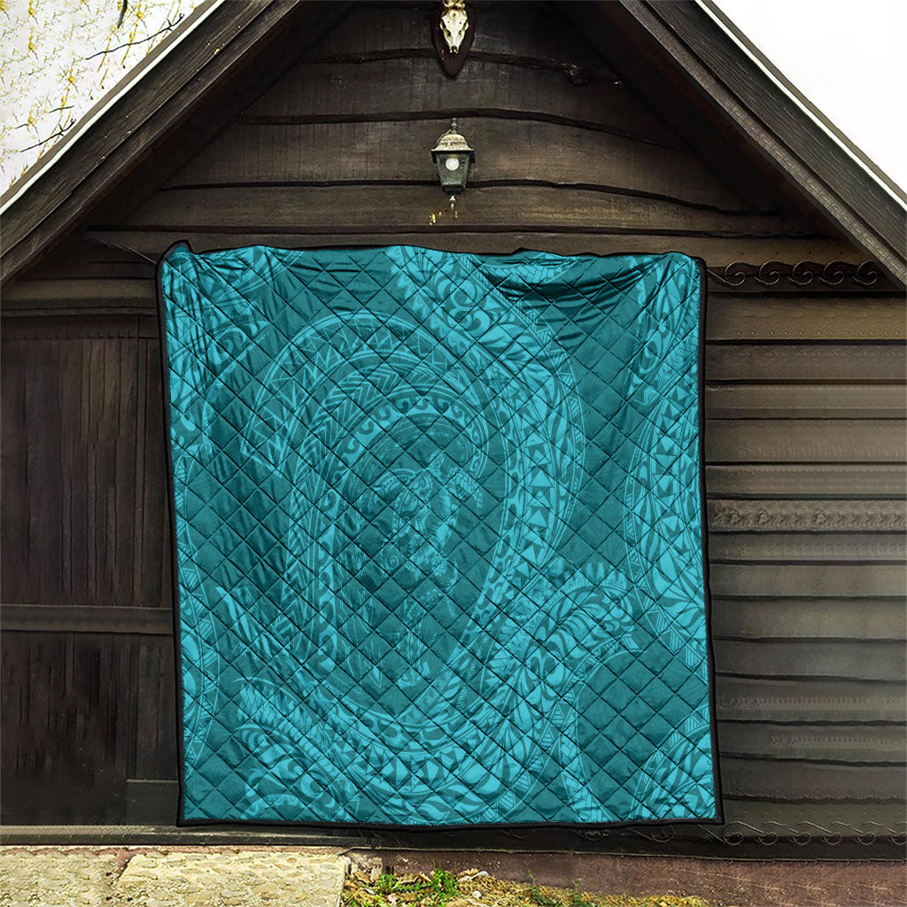 Hawaiian Turtle and Shark Quilt Kakau Tribal with Polynesian Pattern Turquoise Color
