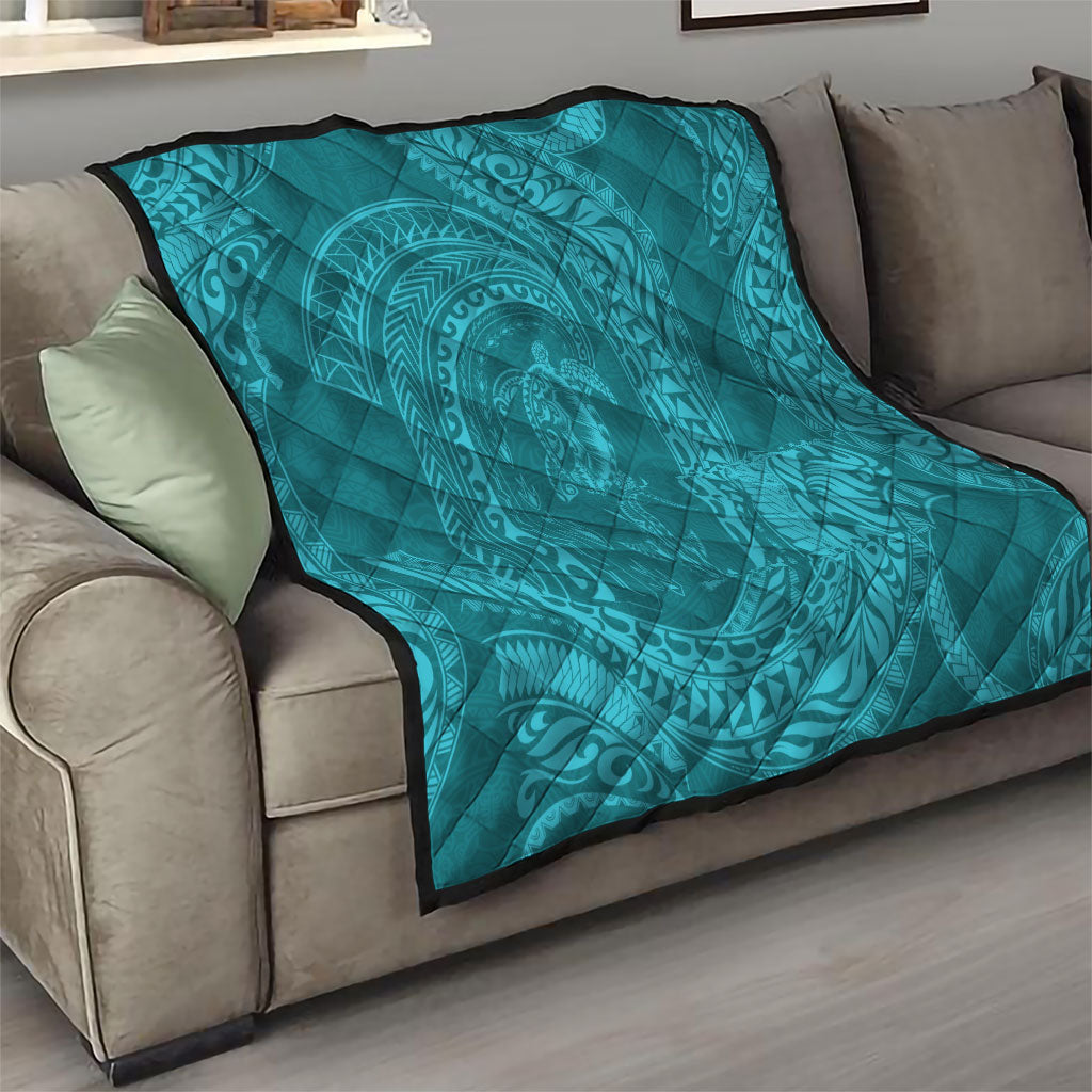 Hawaiian Turtle and Shark Quilt Kakau Tribal with Polynesian Pattern Turquoise Color