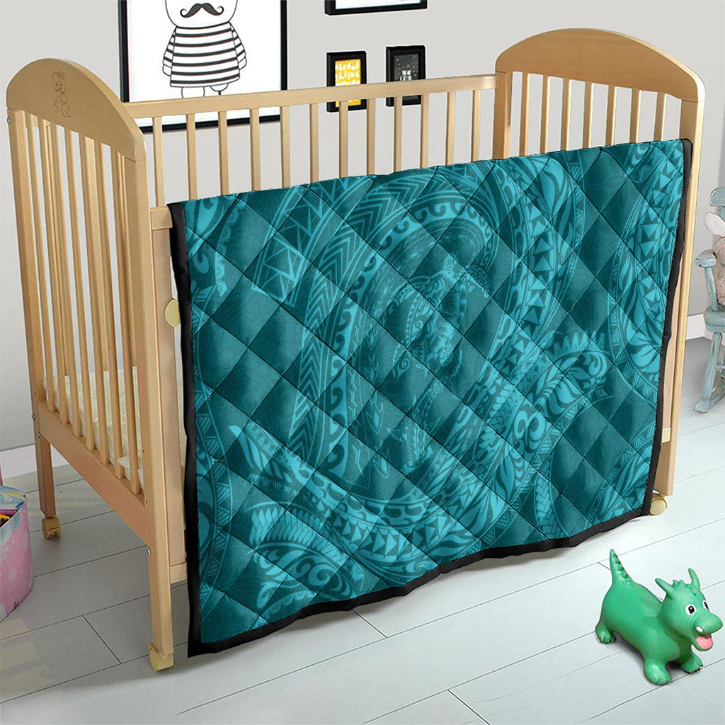 Hawaiian Turtle and Shark Quilt Kakau Tribal with Polynesian Pattern Turquoise Color