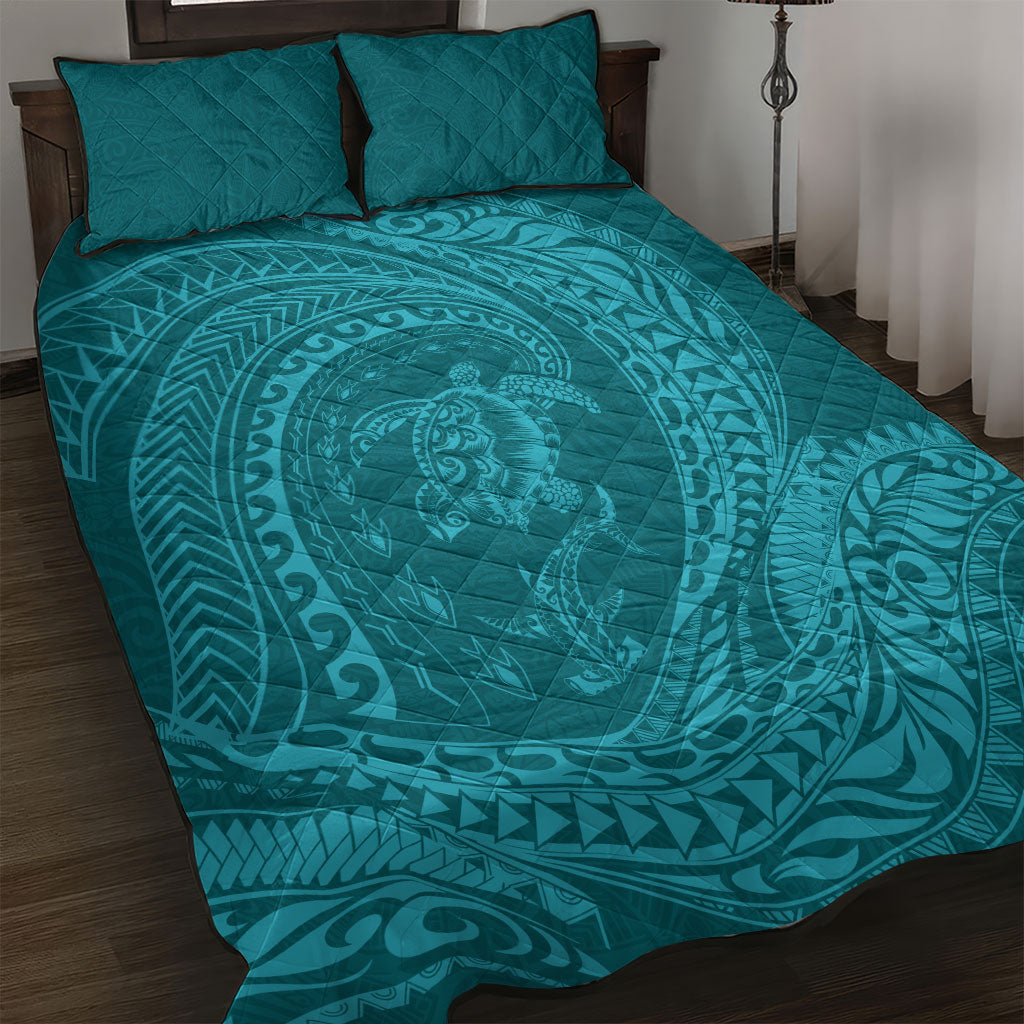 Hawaiian Turtle and Shark Quilt Bed Set Kakau Tribal with Polynesian Pattern Turquoise Color