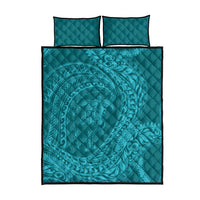 Hawaiian Turtle and Shark Quilt Bed Set Kakau Tribal with Polynesian Pattern Turquoise Color