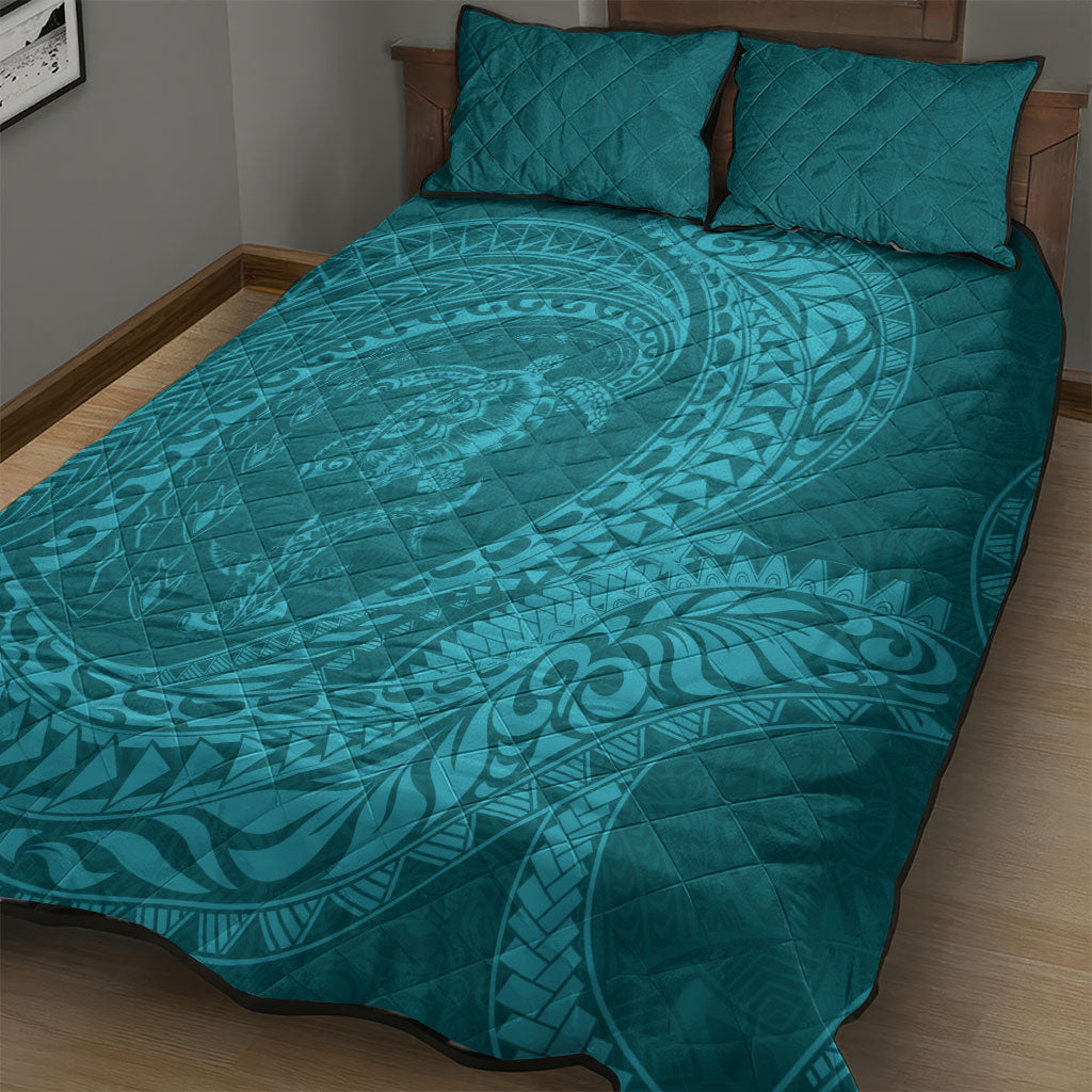 Hawaiian Turtle and Shark Quilt Bed Set Kakau Tribal with Polynesian Pattern Turquoise Color