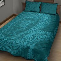 Hawaiian Turtle and Shark Quilt Bed Set Kakau Tribal with Polynesian Pattern Turquoise Color