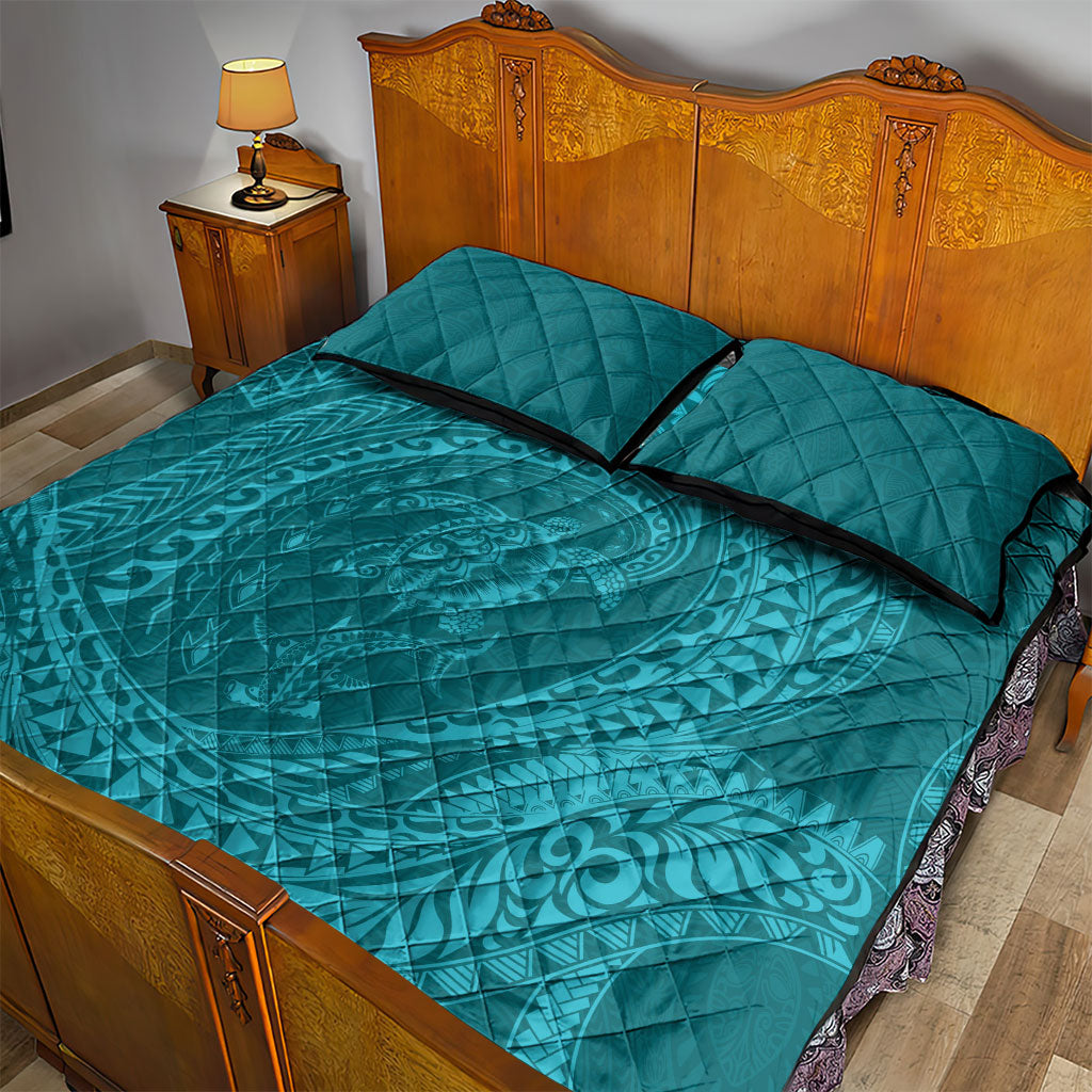 Hawaiian Turtle and Shark Quilt Bed Set Kakau Tribal with Polynesian Pattern Turquoise Color
