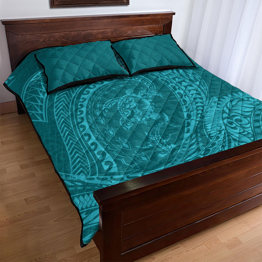 Hawaiian Turtle and Shark Quilt Bed Set Kakau Tribal with Polynesian Pattern Turquoise Color