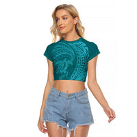 Hawaiian Turtle and Shark Raglan Cropped T Shirt Kakau Tribal with Polynesian Pattern Turquoise Color